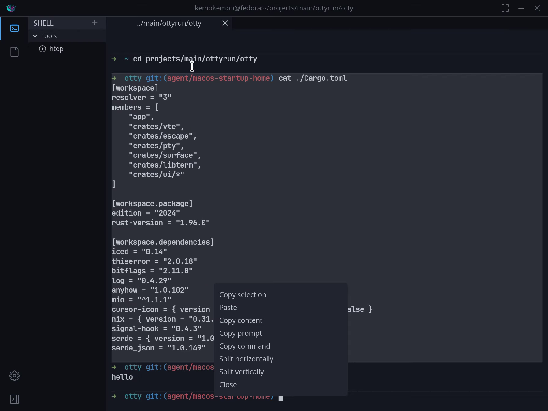 OTTY terminal with Cargo configuration output grouped into a command block and its action menu open.