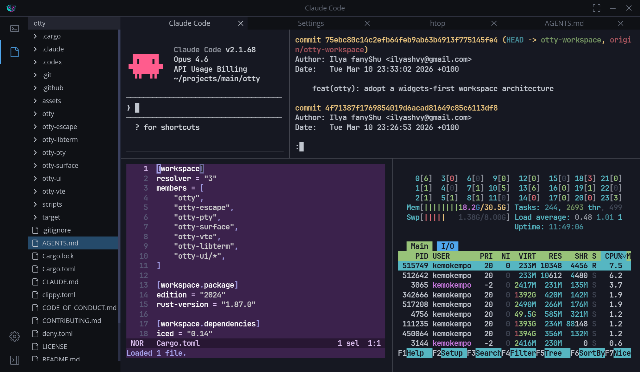 OTTY workspace with Explorer beside four terminal panes showing Claude Code, Git history, Cargo configuration, and htop.