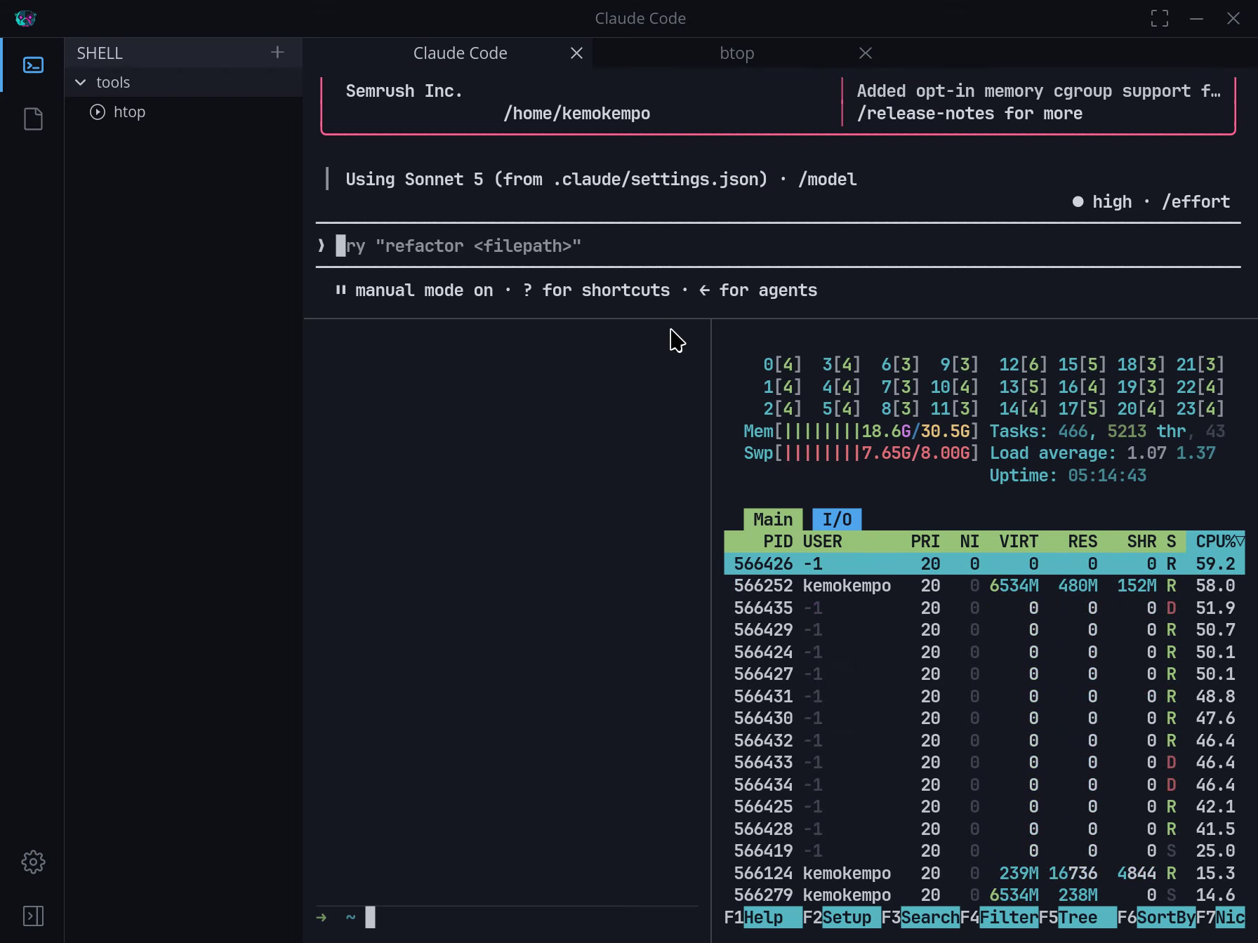 OTTY workspace with Claude Code and htop tabs above three split terminal panes.